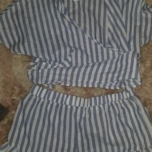 Brand new short set cotton blend stripe wrap around tie top
